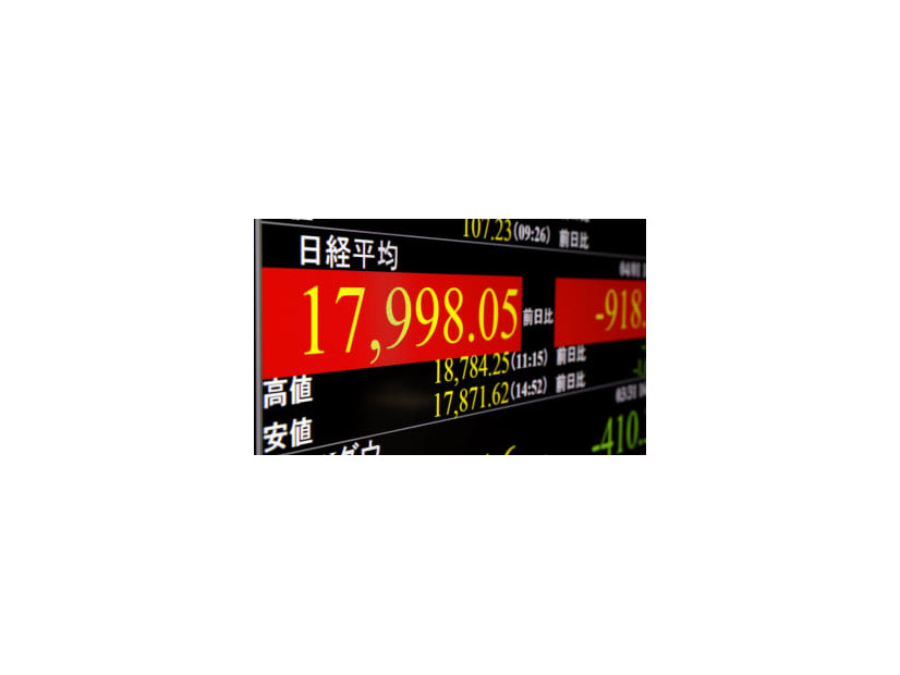 一時1万8000円を割り込んだ日経平均株価を示すボード＝1日午後、東京・東新橋