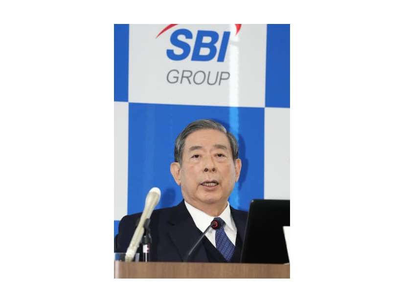 新生銀行の子会社化について記者会見するSBIホールディングスの北尾吉孝社長＝22日午前、東京都港区