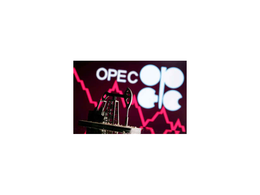 3Dプリンター製模型の背後に表示された石油輸出国機構（OPEC）のロゴ＝2020年4月（ロイター＝共同）