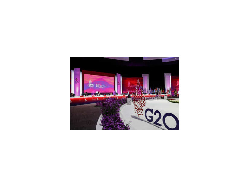 18日、インドネシア・ジャカルタで開催された20カ国・地域（G20）財務相・中央銀行総裁会議の会場（AP＝共同）