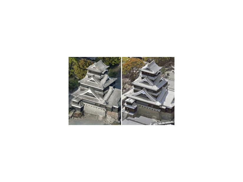 熊本地震で大きな被害を受けた2016年4月15日（左）と今年4月5日の熊本城。最初の激震「前震」から14日で6年、天守閣は昨年復旧された＝熊本市（共同通信社ヘリから）