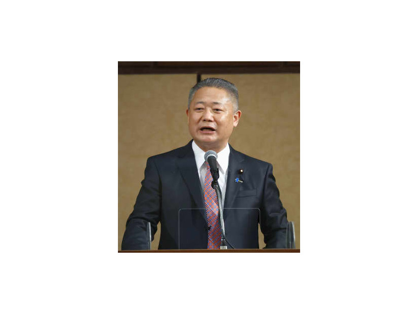 共同通信きさらぎ会で講演する日本維新の会の馬場共同代表＝18日午後、東京都港区