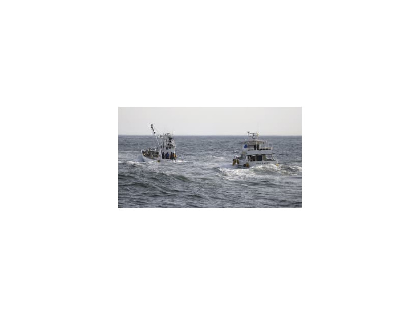 北海道斜里町のウトロの港から捜索に向かう漁船（左）と観光船＝24日午前6時4分