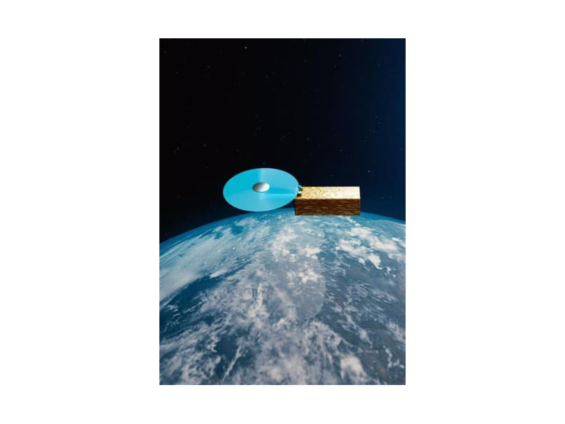 3Dプリンターを使い、宇宙空間で人工衛星アンテナを製造するイメージ（三菱電機提供）