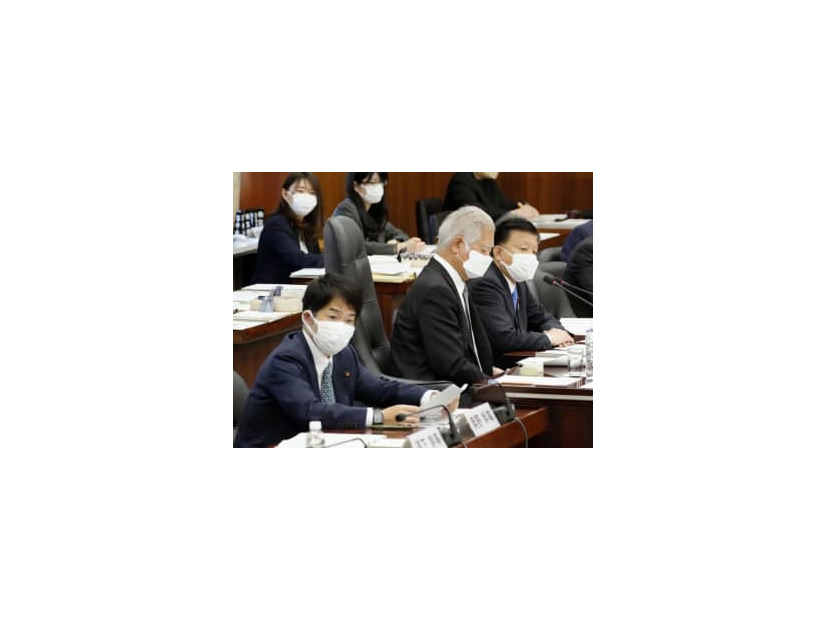 衆院憲法審査会に出席した自民党の新藤義孝氏（前列右）と立憲民主党の奥野総一郎氏（手前）＝19日午前