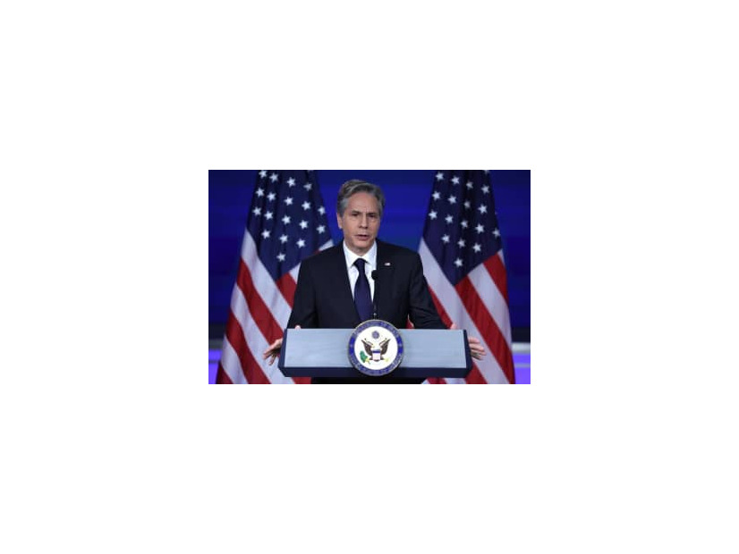 5月、米ワシントンで演説するブリンケン国務長官（ゲッティ＝共同）