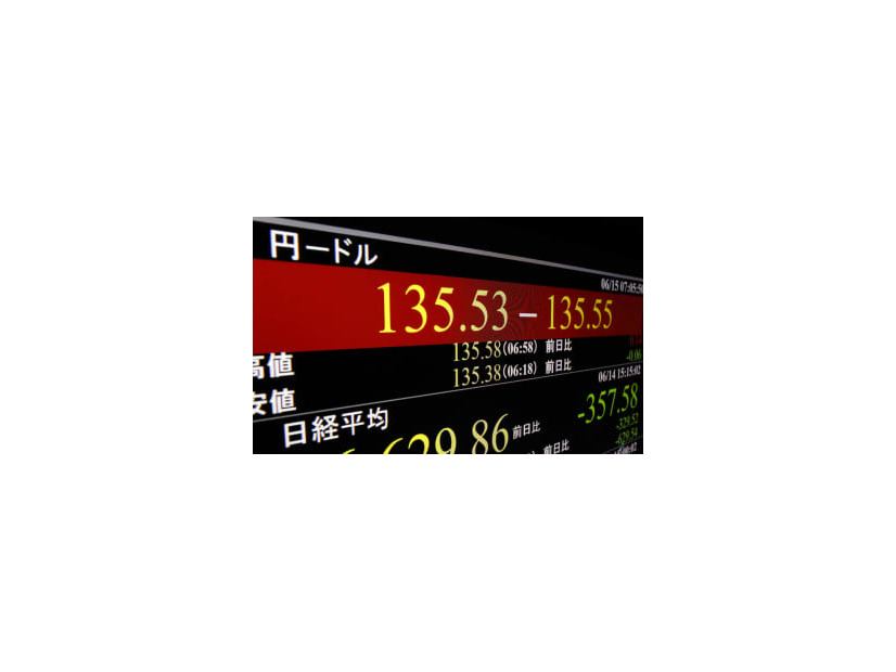 一時1ドル＝135円60銭近辺まで急落した円相場を示すモニター＝15日午前、東京・東新橋