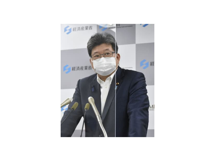 記者会見する萩生田経産相＝8日午前、経産省