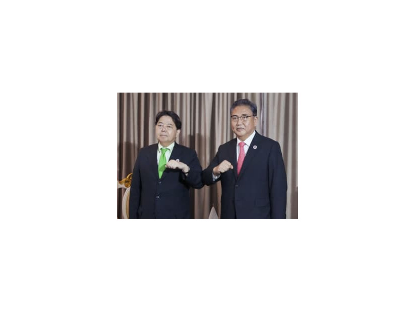8月、会談に臨む韓国の朴振外相（右）と林外相＝プノンペン（外務省提供・共同）