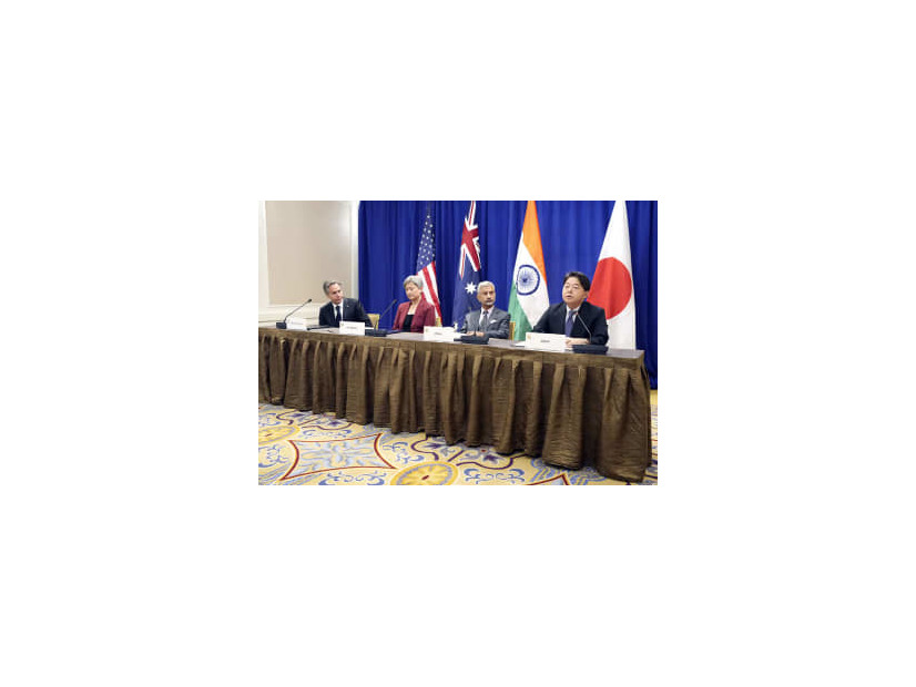 日米豪印4カ国の協力枠組み「クアッド」の外相会合に出席した林外相（右端）＝23日、米ニューヨーク（外務省提供・共同）