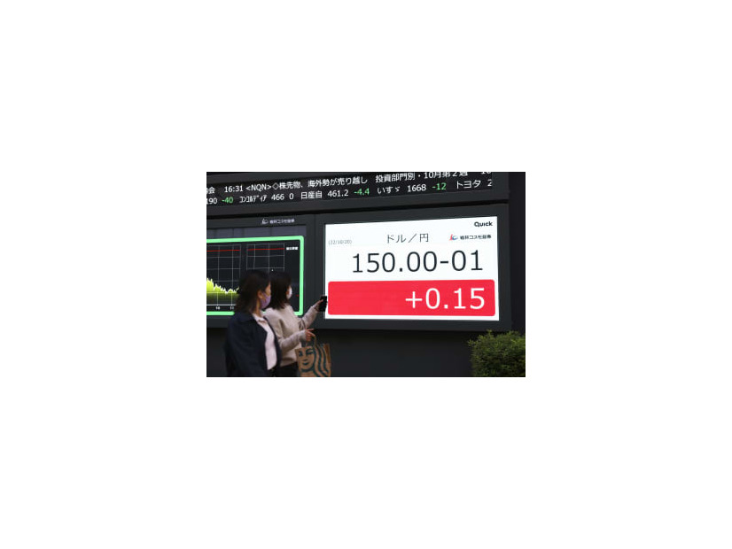 円相場が急落し、一時、1ドル＝150円台を付けた円相場を示すモニター＝20日午後、東京・日本橋茅場町
