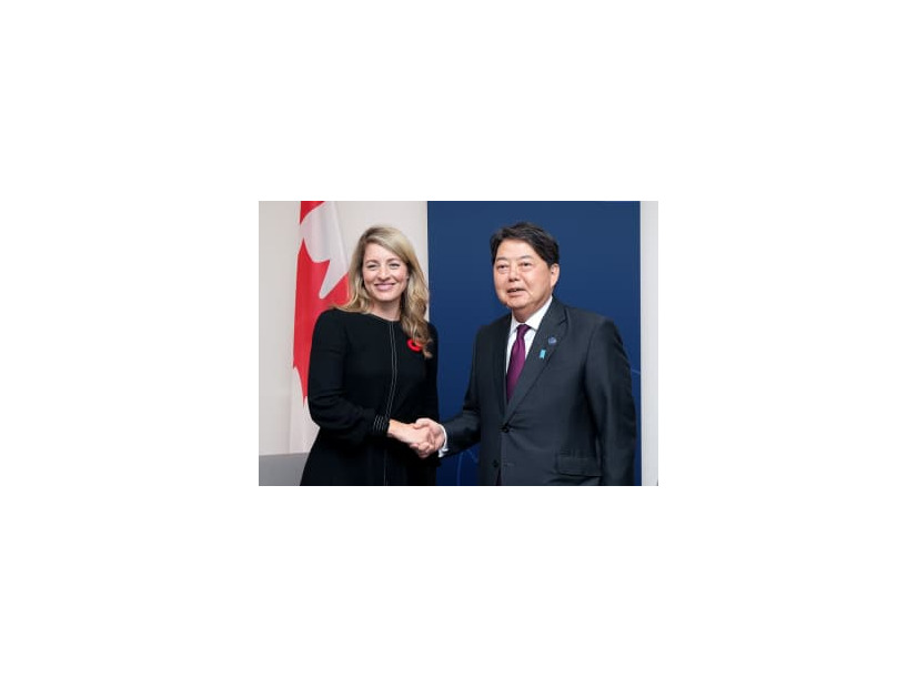 握手する林外相（右）とカナダのジョリー外相＝3日、ドイツ・ミュンスター（外務省提供・共同）