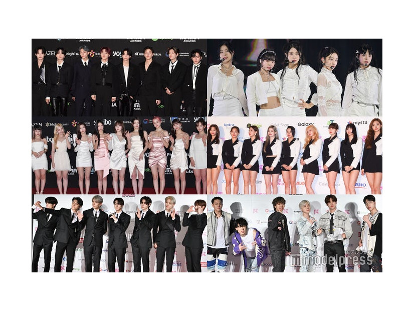 （上段左から時計回り）Stray Kids、LE SSERAFIM、TWICE、iKON、ENHYPEN、Kep1er （C）モデルプレス