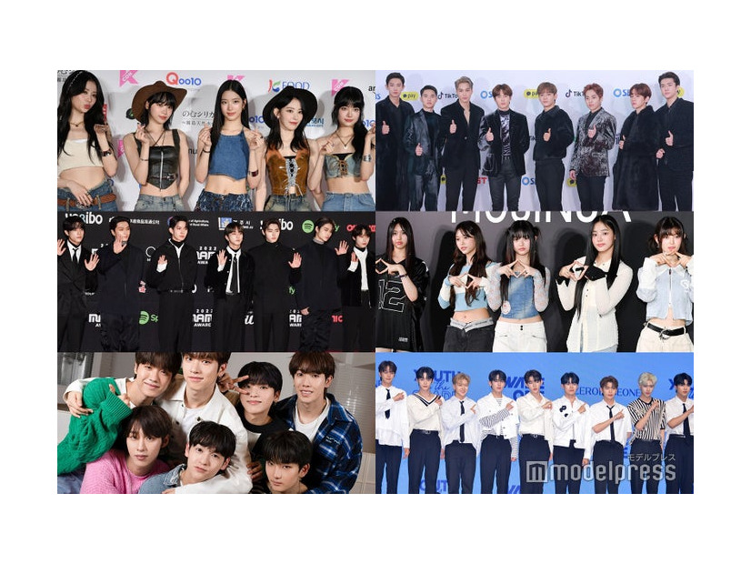 （上段左から時計回り）LE SSERAFIM（C）モデルプレス、EXO／Photo by Getty Images、NewJeans、ZEROBASEONE、n.SSign、ENHYPEN（C）モデルプレス