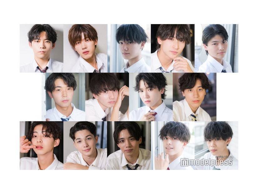 「男子高生ミスターコン2023」ファイナリスト（上段左から）石田廉さん、武田愁さん、田口凛太朗さん、植野花道さん、高橋拳大さん（中央左から）辻奏音さん、澤柳颯人さん、工藤花維さん、佐久間魁生さん（下段左から）池田大志さん、ケイト・アレックスさん、伊藤航さん、川端輝さん、大上拓真さん（C）モデルプレス