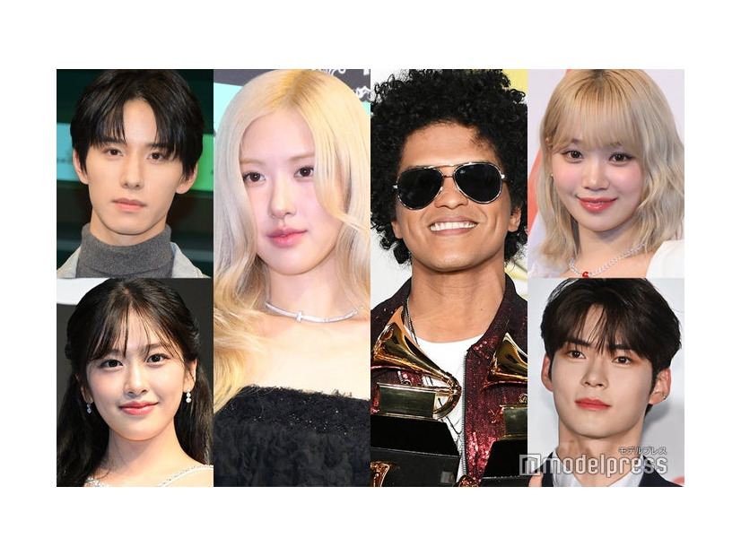 （上段左から時計回り）佐藤景瑚、ロゼ（C）モデルプレス、ブルーノ・マーズ／Photo by Getty Images、チェウォン、ソン・ハンビン、アン・ユジン（C）モデルプレス