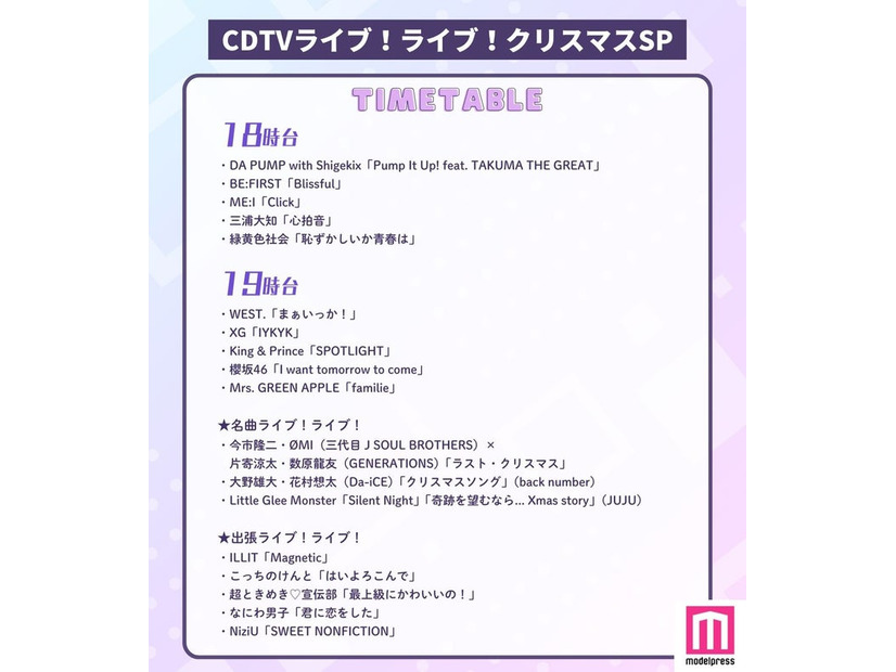 「CDTVライブ！ライブ！クリスマスSP」タイムテーブル（C）モデルプレス