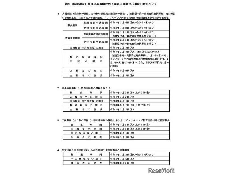 令和8年度神奈川県公立高等学校の入学者の募集および選抜日程について