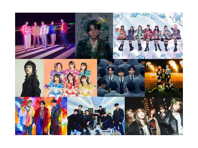 （右上から）Aぇ! group、大森元貴、CANDY TUNE（中央左から）Superfly、超ときめき◆宣伝部、20th Century、HANA（左下から）Mrs. GREEN APPLE、MONSTA X、LE SSERAFIM（提供写真）