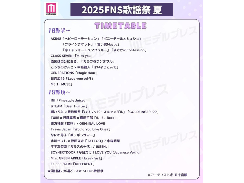 「2025 FNS歌謡祭 夏」タイムテーブル（C）モデルプレス
