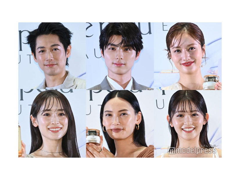 「クレ・ド・ポー ボーテ POPUPイベント」フォトコールに登壇した（上段）ディーン・フジオカ、本田響矢、谷まりあ（下段）泉里香、大政絢、久間田琳加（Cモデルプレス）