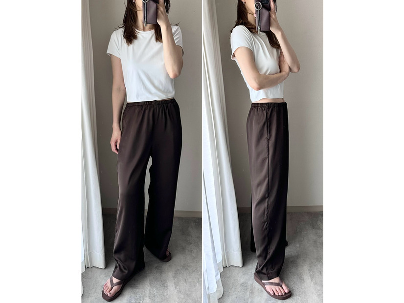 蒸し暑い日でも快適。【ユニクロ】サテンパンツでつくる涼感きれいめカジュアル【40代の毎日コーデ】
