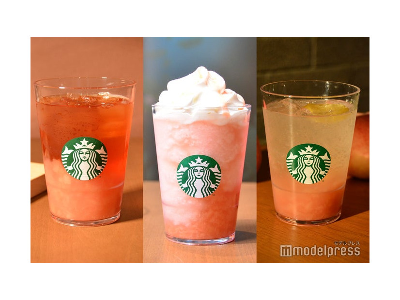 （左から）クラフト ジューシー ピーチ ティー、ヘブンリー ピーチ フラペチーノ、チラックス ソーダ ピーチ（C）モデルプレス