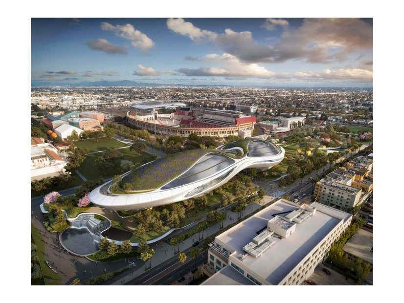ルーカス・ミュージアム・オブ・ナラティブ・アート／Lucas Museum of Narrative Art aerial view rendering, courtesy of the Lucas Museum of Narrative Art
