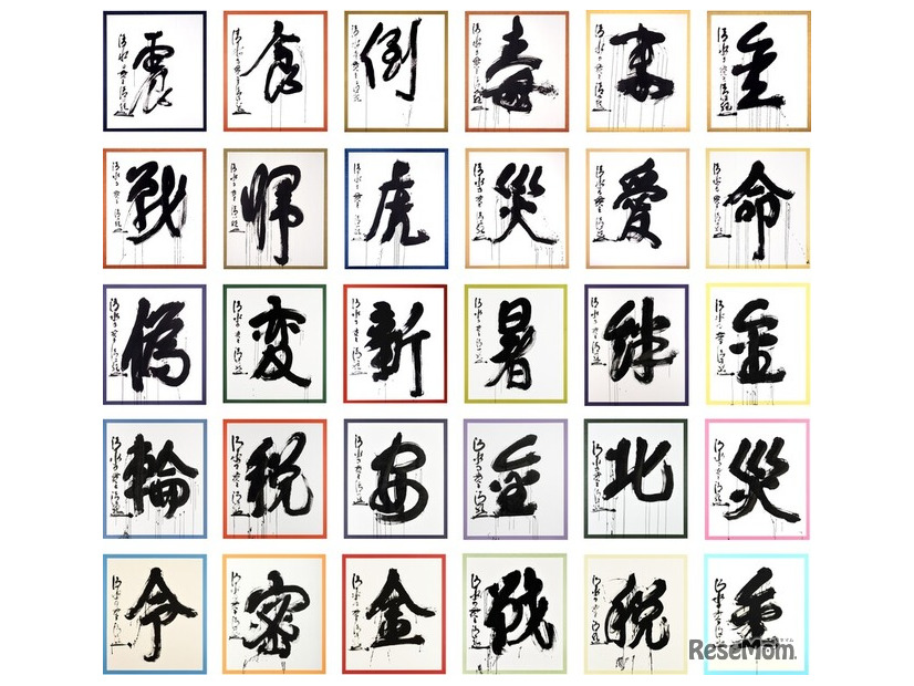 1995年から2024年までの過去30回分の「今年の漢字」の大書（揮毫：清水寺 森清範貫主）