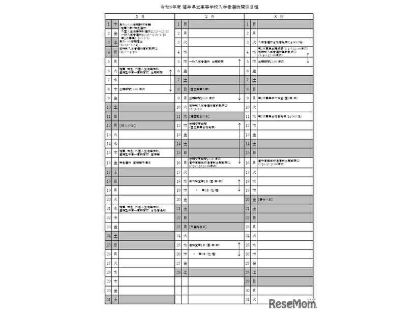 令和8年度福井県立高等学校入学者選抜関係日程