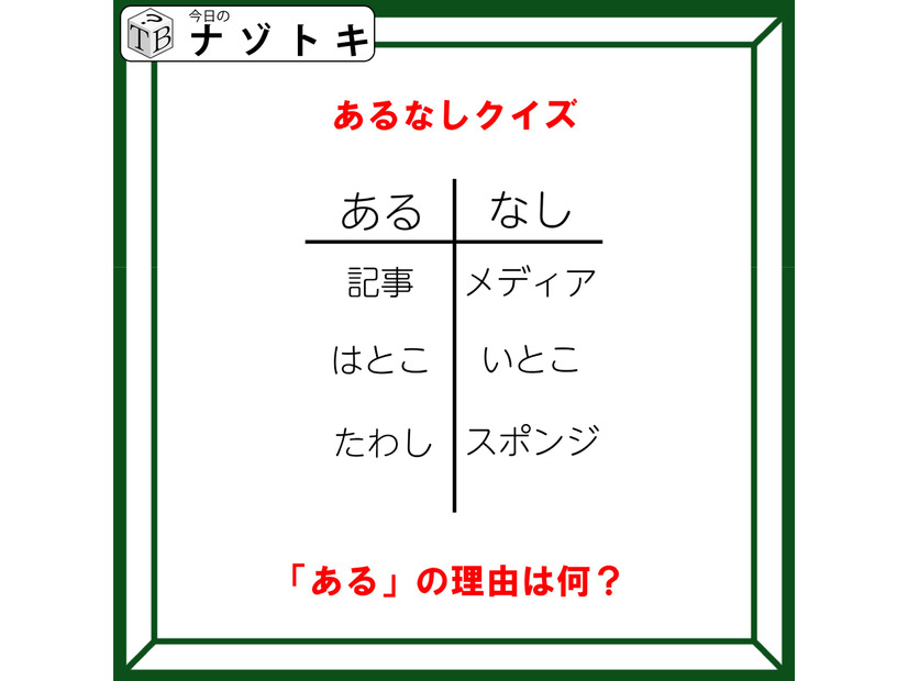 あるなしクイズです！「記事にあってメディアにない。はとこにあっていとこにはない」あるの共通点はなんでしょう【難易度LV２.・甘口】