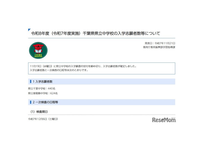 令和8年度（令和7年度実施）千葉県県立中学校の入学志願者数等について