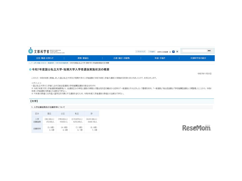 令和7年度国公私立大学・短期大学入学者選抜実施状況の概要