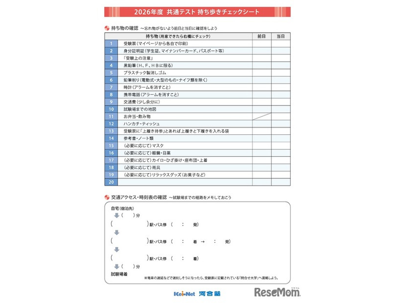 持ち歩きチェックシートの一部