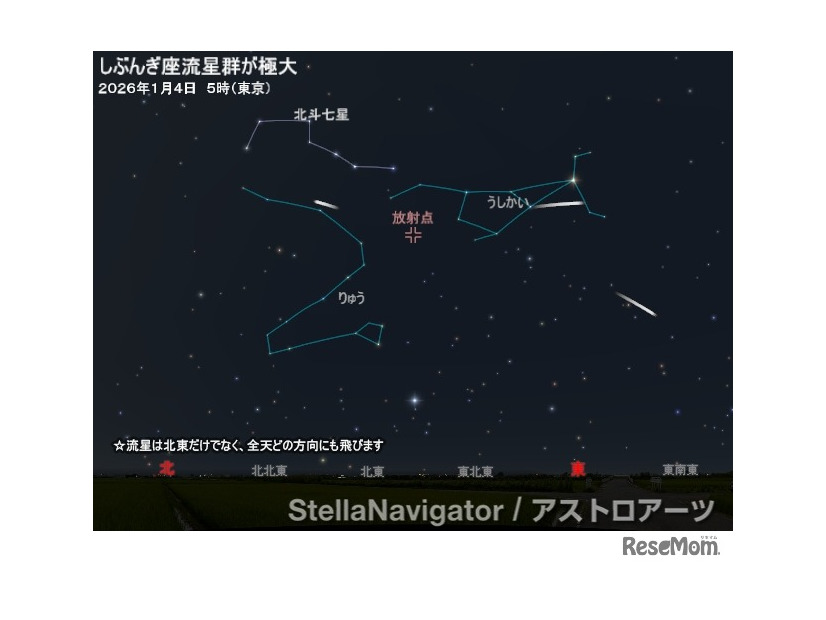 しぶんぎ座流星群の放射点（2026年1月4日5時・東京）