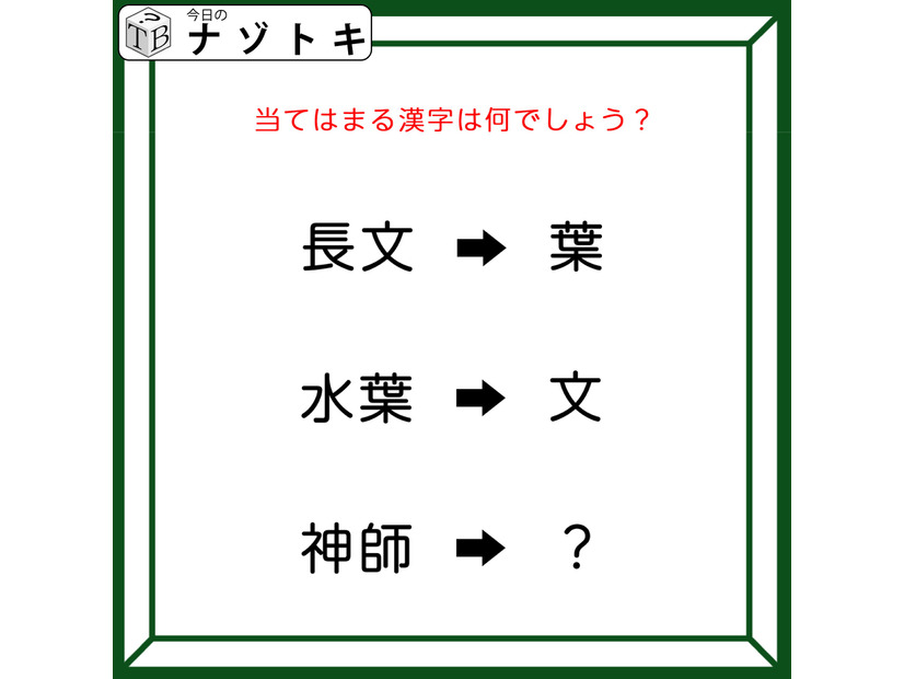 クイズです！「長文→葉、水葉→文のとき、神師なら→のあとに入る文字は？」ヒントは12個あるアレ！【難易度LV３.・中辛】