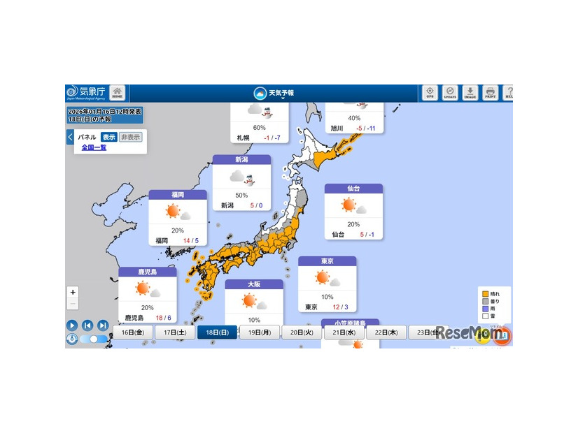 全国の天気予報、共通テスト2日目（2026年1月18日）