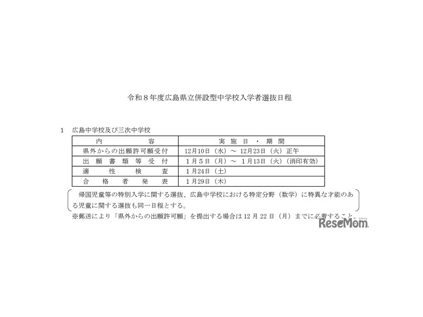 令和8年度広島県立併設型中学校（広島中学校・三次中学校）入学者選抜志願状況の日程