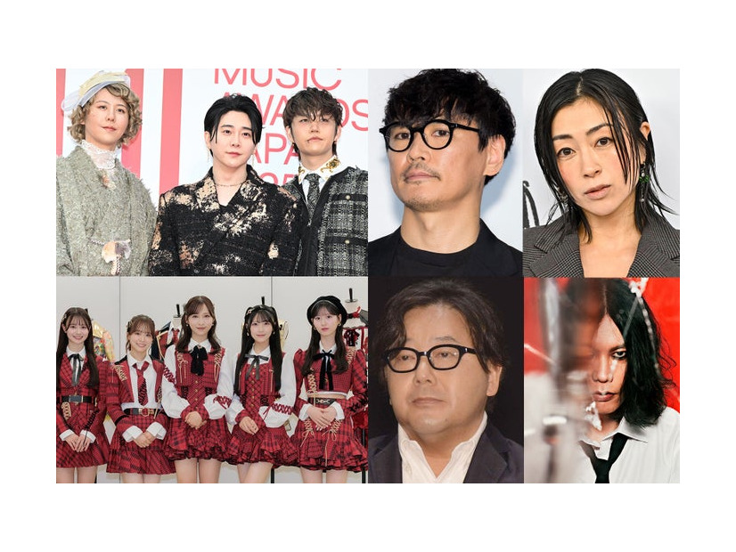 （上段左上から時計回り）Mrs. GREEN APPLE、山田一郎、宇多田ヒカル／Photo by Getty Images、米津玄師（提供写真）、秋元康、AKB48