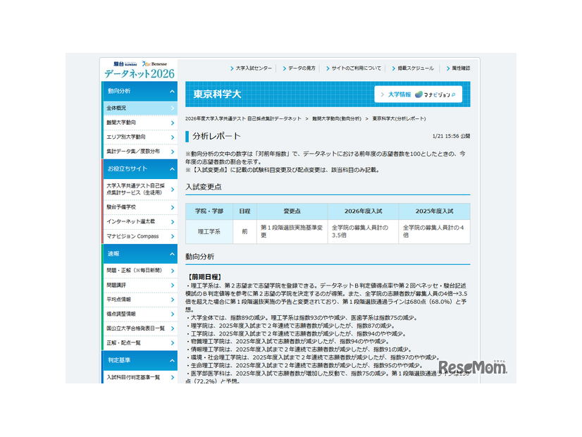 2026年度大学入学共通テスト 自己採点集計データネット  難関大学動向(動向分析)  東京科学大(分析レポート)