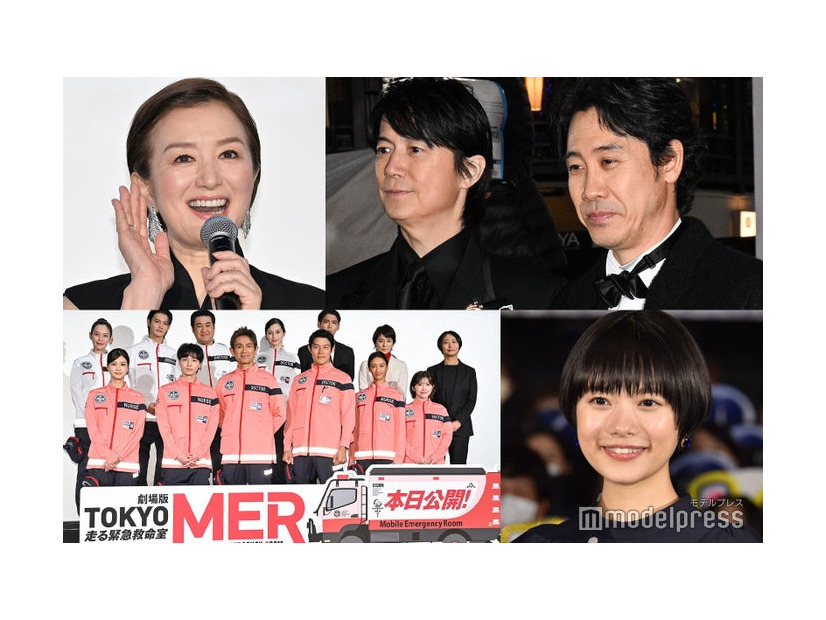 （上段左から）鈴木京香、福山雅治、大泉洋（下段左から）（ 左写真／後列左より）フォンチー、佐野勇斗、小手伸也、中条あやみ、賀来賢人、石田ゆり子、松木彩監督（前列左より）生見愛瑠、高杉真宙、江口洋介、鈴木亮平、菜々緒、宮澤エマ（右写真）杉咲花（C）モデルプレス