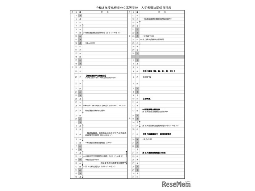 令和8年度 島根県公立高等学校 入学者選抜関係日程表