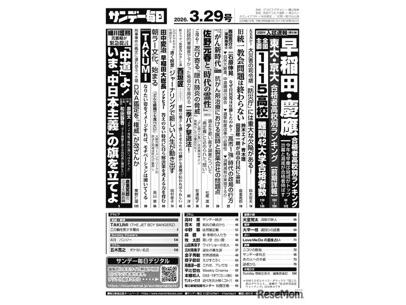 サンデー毎日3月29日号・目次