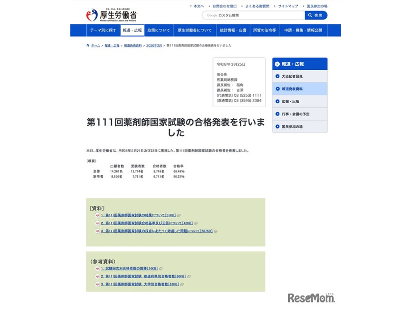 第111回薬剤師国家試験の合格発表