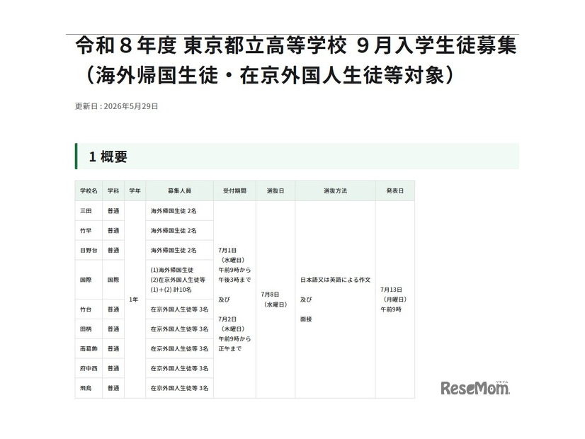 令和8年度 東京都立高等学校9月入学生徒募集 （海外帰国生徒・在京外国人生徒等対象）
