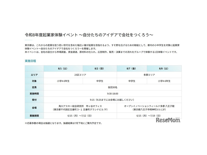 起業家体験イベント「自分たちのアイデアで会社をつくろう」日程
