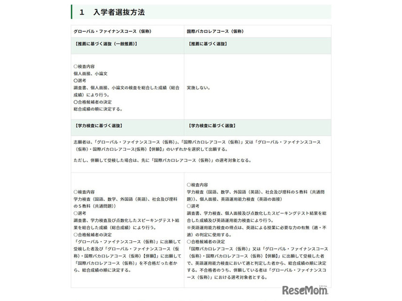 「東京都立第一商業高等学校の改編に関する基本計画」に基づく入学者選抜方法