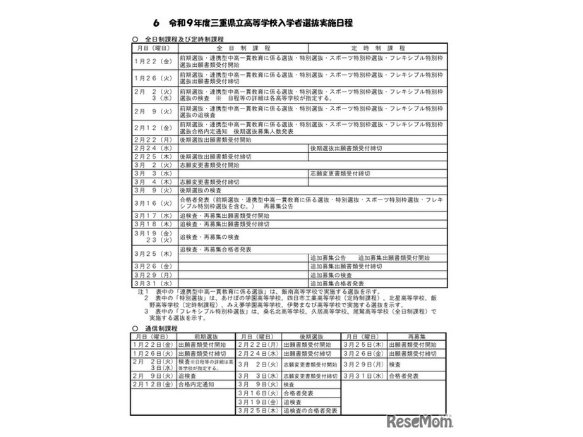 令和9年度三重県立高等学校入学者選抜実施日程