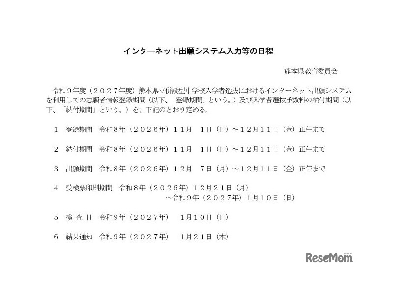 インターネット出願システム入力等の日程
