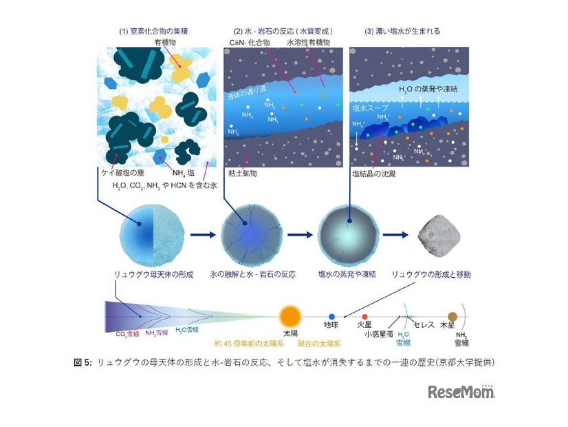 リュウグウの母天体の形成と水-岩石の反応、そして塩水が消失するまでの一連の歴史(c)京都大学